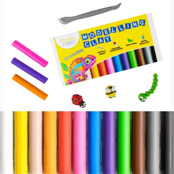 Creative Deco Modelliermasse Set mit zwölf Farben, inklusive Modellierwerkzeug und Beispielfiguren.