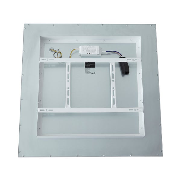 Rückansicht einer quadratischen LED-Panel Deckenleuchte mit Montagehalterung, LED-Treiber und Verkabelung.