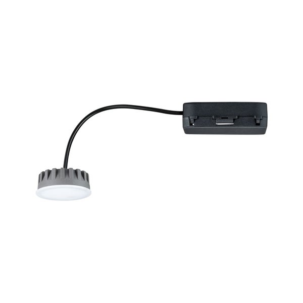 Runder LED Einbaustrahler mit Kühlrippen und Kabelverbindung zu einem schwarzen Steuergerät.