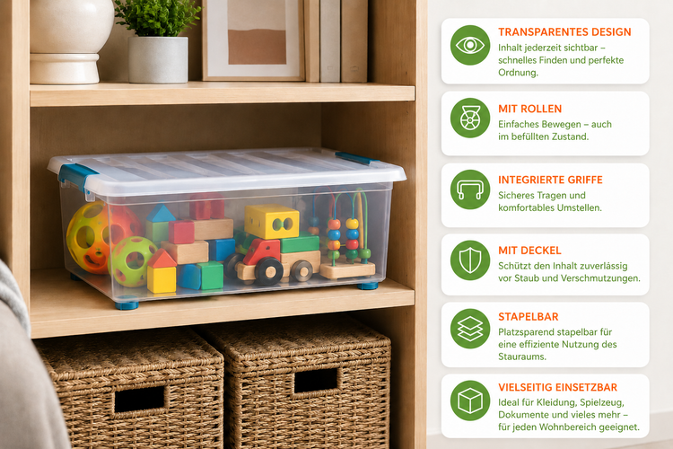 Durchsichtige Aufbewahrungsbox aus Kunststoff mit Deckel, Rollen und Griffen, gefüllt mit Kinderspielzeug im Holzregal, inklusive Produktmerkmale.