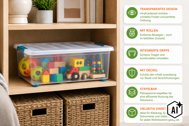 Durchsichtige Aufbewahrungsbox aus Kunststoff mit Deckel, Rollen und Griffen, gefüllt mit Kinderspielzeug im Holzregal, inklusive Produktmerkmale.