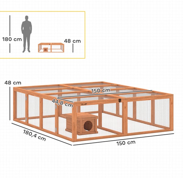 Kleintiergehege aus Holz mit Drahtgitter und Häuschen, Maße 180,4 Zentimeter mal 150 Zentimeter mal 48 Zentimeter.