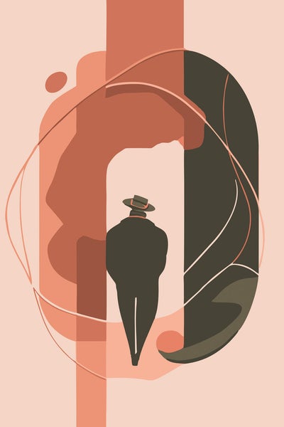 Illustration einer Person mit Hut vor abstrakten Formen