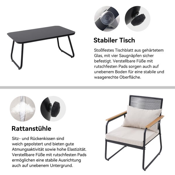 Gartenmöbel aus Rattan bestehend aus Glastisch und Sessel mit Polstern, beide mit verstellbaren Füßen und rutschfesten Pads.