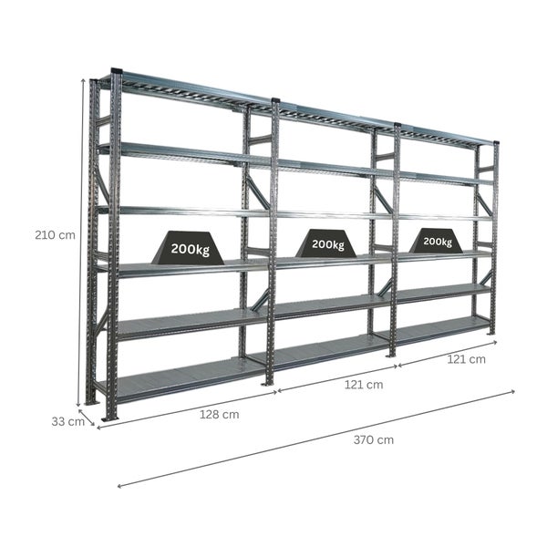 Metall Schwerlastregal mit den Maßen 210 cm Höhe, 370 cm Breite und 33 cm Tiefe