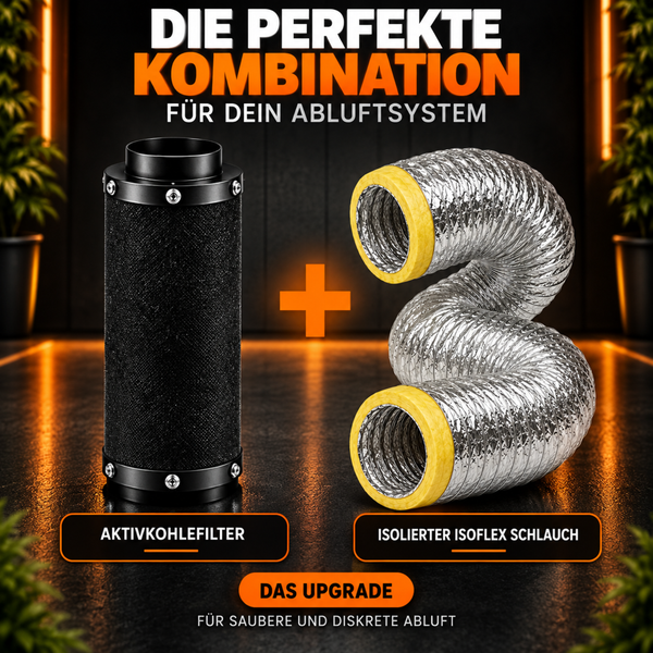 Aktivkohlefilter kombiniert mit einem isolierten Isoflexschlauch fuer Abluftsysteme