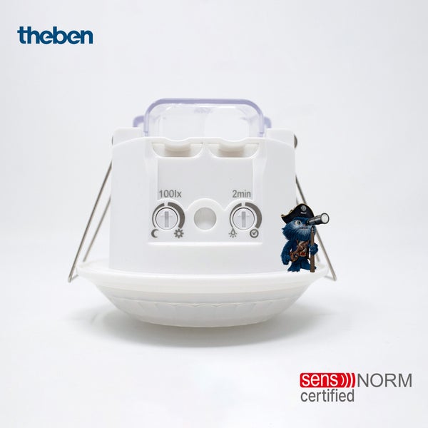 Theben 1030200 PIRA T8 DE Bewegungsmelder für den Innenbereich, 200 W LED, Erfassungsbereich rund 360°, Ø 8 m, Nachlaufzeit 5 s - 15 min, Deckeneinbau