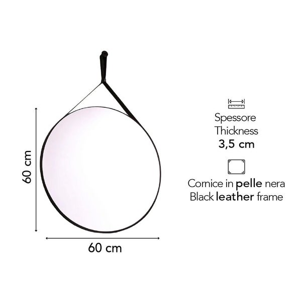 Runder Spiegel mit schwarzem Lederrahmen und Aufhängeschlaufe, Durchmesser 60 Zentimeter, Tiefe 3,5 Zentimeter.