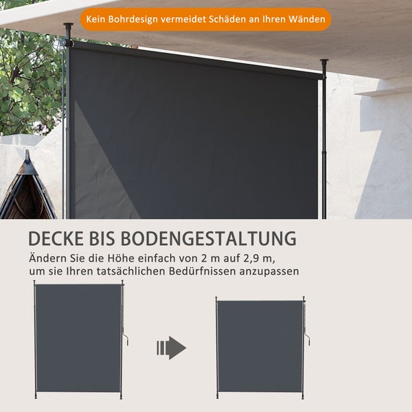 Outsunny Senkrechtmarkise,Vertikalmarkise mit Handkurbel, Wasserfest Sichtschutz, Einziehbares Sonnenschutz UV-beständig, Verstellbare Seitenmarkise, 200 x 215-305 cm für Balkon, Terrasse, Grau