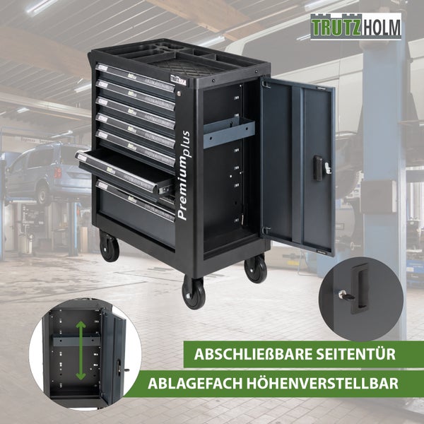 Trutzholm Premium plus Werkstattwagen mit Schubladen und abschließbarer Seitentür mit höhenverstellbarem Ablagefach für die Werkstatt.