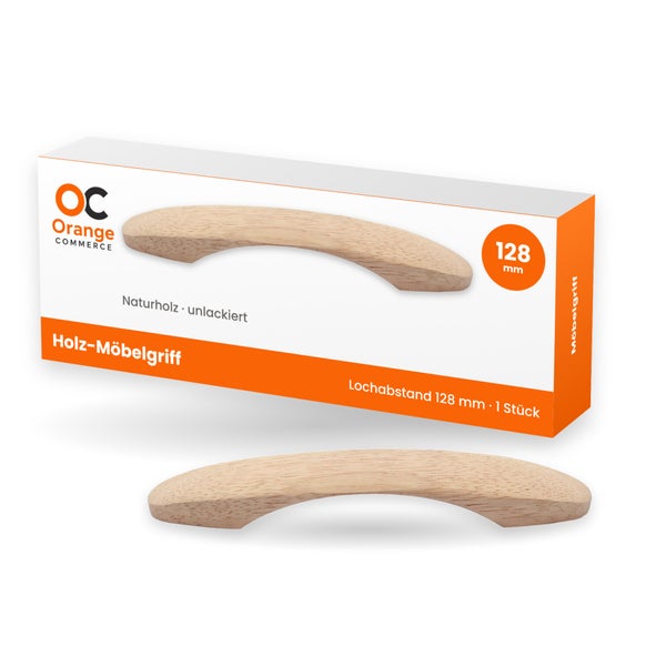 Orange Commerce Holz Möbelschrankgriff aus unbehandeltem Naturholz mit 128 Millimeter Lochabstand in einer Verpackungseinheit von 1 Stück.
