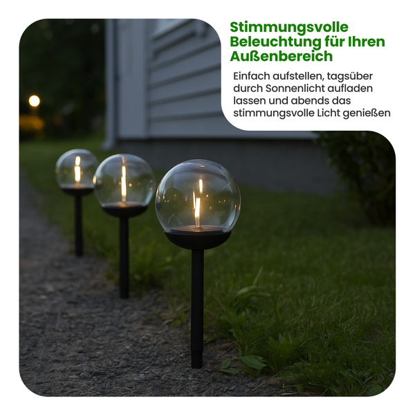 Drei Gartenleuchten mit kugelförmigen Lampenschirmen auf einem Rasen