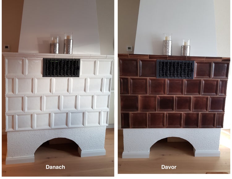Vorher Nachher Vergleich eines mit Kachelofenlack gestrichenen Kachelofens aus braunen Kacheln hin zu einem modernen weissen Kachelofen.