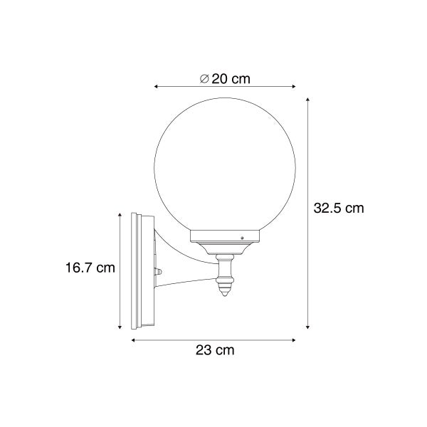 Maßzeichnung einer Außenwandleuchte: Kugel Durchmesser 20 Zentimeter, Höhe 32,5 Zentimeter, Tiefe 23 Zentimeter, Wandhalterung 16,7 Zentimeter.