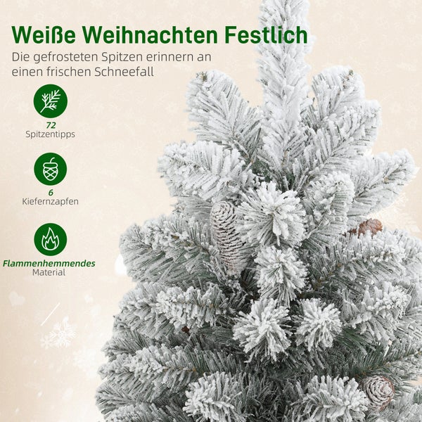 Künstlicher Weihnachtsbaum mit 72 gefrosteten Zweigspitzen, 6 Kiefernzapfen und flammhemmendem Material.