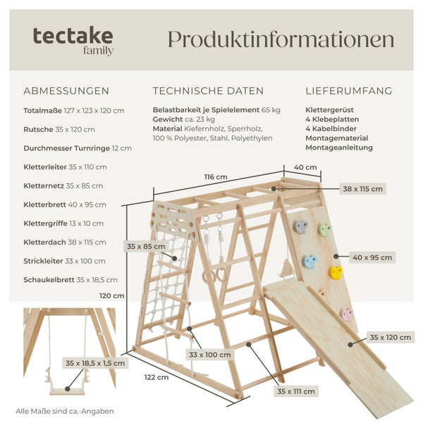 Infografik zum Tectake Klettergerüst für Kinder mit detaillierten Abmessungen, technischen Daten und Lieferumfang.