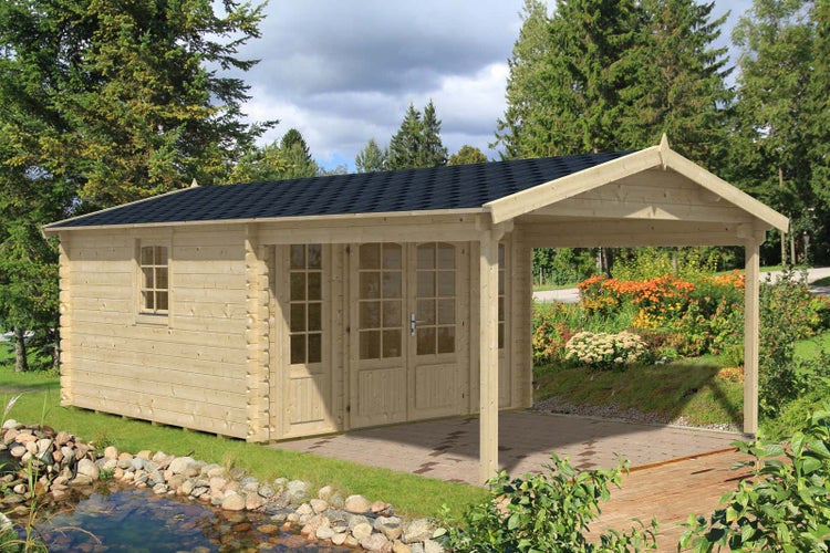 Alpholz Gartenhaus Spessart ISO Gartenhaus aus Holz, Holzhaus mit 44 mm Wandstärke inklusive Schleppdach, Blockbohlenhaus mit Montagematerial, Naturbelassen 3,8x6,8m