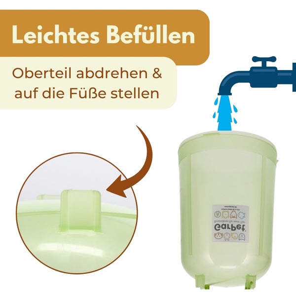 Illustration zum Befüllen eines Caibot Futter- oder Wasserspenders. Oberteil abdrehen und auf die Füße stellen. Caibot Logo.