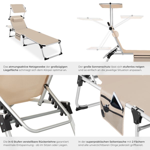 Sonnenliege tectake Aurelie 218 x 60 x 33,5 cm, inkl. Seitentasche  klappbar, mit Kopfkissen beige