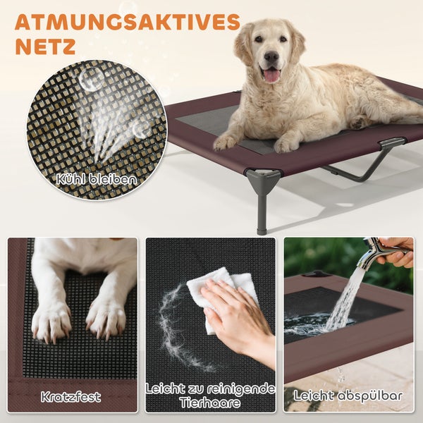 Hund liegt auf einem erhöhten Hundebett mit atmungsaktivem Netzgewebe, kratzfest, leicht zu reinigen und abwaschbar.