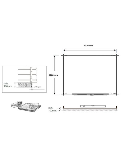 Technische Zeichnung für ein Gartenhausfundament mit Maßen von 1720 mal 1720 Millimeter sowie Details zur Montage und Nivellierung der Bodenbalken.