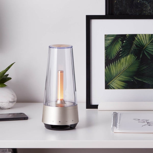 Tischlampe kabellos mit Bluetooth-Lautsprecher 'Die Klangvolle', USB aufladbar und dimmbare Akku Tischleuchte, LED Nachttischlampe, batteriebetrieben mit Ladefunktion