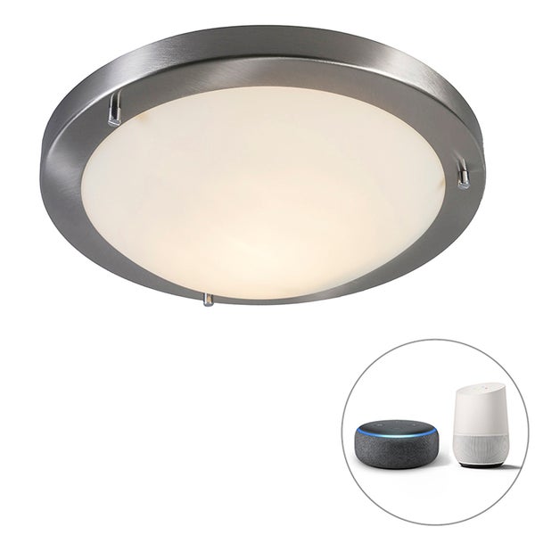 Runde Deckenleuchte mit gebürstetem Metallrahmen und matter Abdeckung, kompatibel mit Smart Home Assistenten.