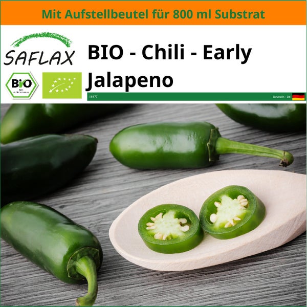 SAFLAX Garden in the bag - BIO - Chili - Early Jalapeno - Capsicum annuum - 20 Samen - Mit Anzuchtsubstrat im praktischen, selbst aufstellenden Beutel