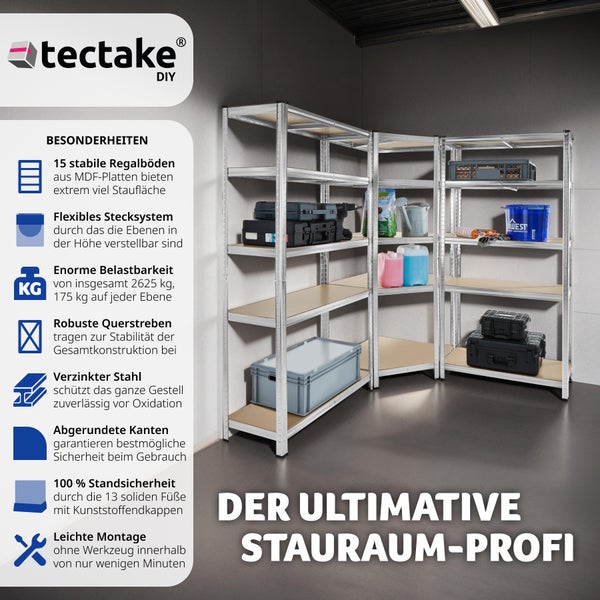 Schwerlastregalsystem tectake Gustav variable Montage im Stecksystem 3-teilig, 2 in 1 Verwendung als Werkbänke silber