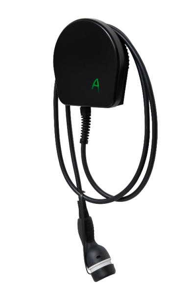 Wallbox Ladestation für Elektroautos mit integriertem Ladekabel und Typ 2 Ladestecker.