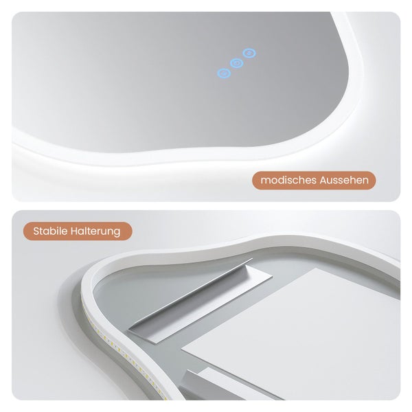 Wandspiegel mit integrierter LED Beleuchtung, Touchsteuerung und stabiler Wandhalterung.