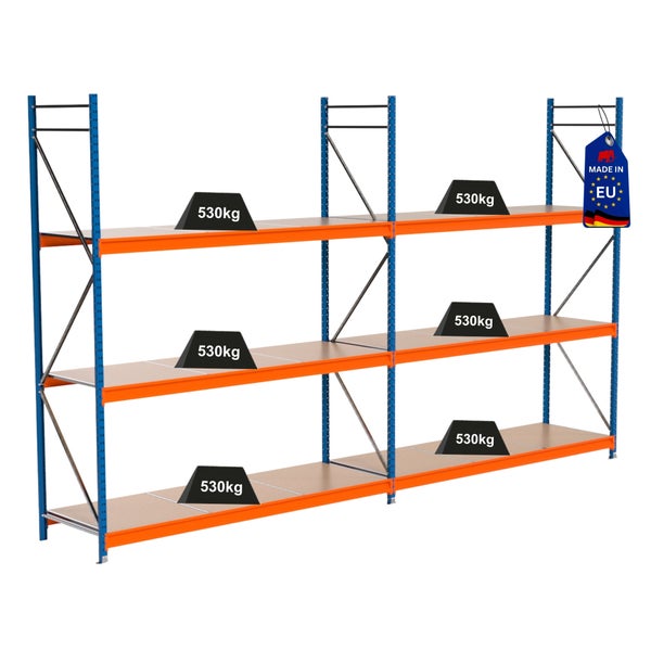 Lagerregal mit drei Ebenen und 'Hergestellt in EU'-Kennzeichnung
