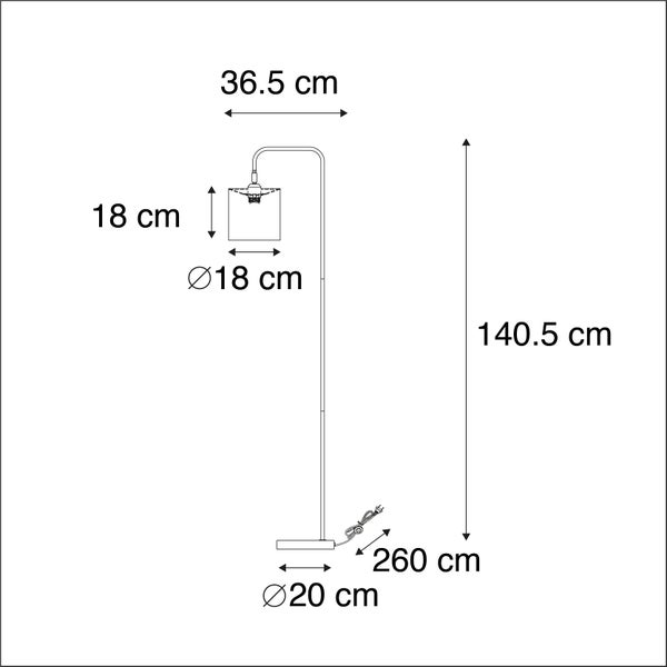 Stehleuchte: Höhe 140,5 Zentimeter, Breite 36,5 Zentimeter, Fußdurchmesser 20 Zentimeter, Schirmdurchmesser 18 Zentimeter, Kabellänge 260 Zentimeter.