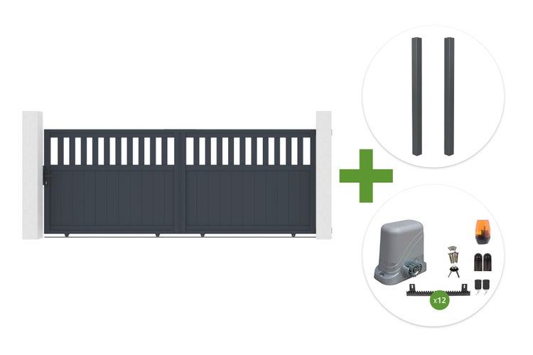 Doppelflügeltor aus Metall mit integriertem elektrischem Torantrieb und Zubehör wie Zahnstangen Fernbedienungen und Warnleuchte.
