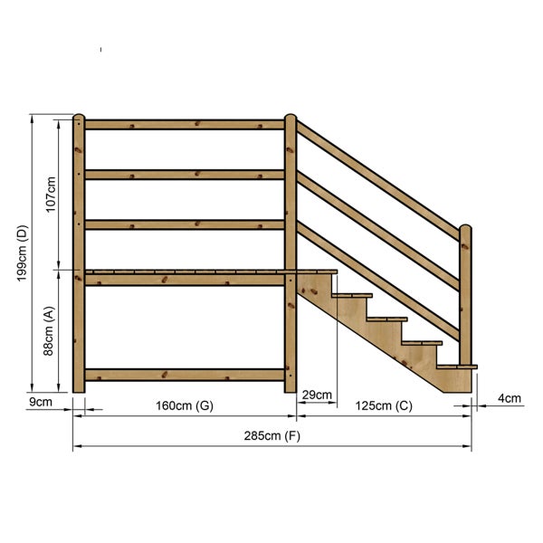 Technische Zeichnung einer Holztreppe mit Geländer und Maßangaben.