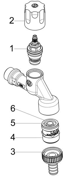 Technische Zeichnung einer Armatur in Explosionsdarstellung mit nummerierten Einzelteilen wie Griff, Ventiloberteil und Schlauchanschluss.
