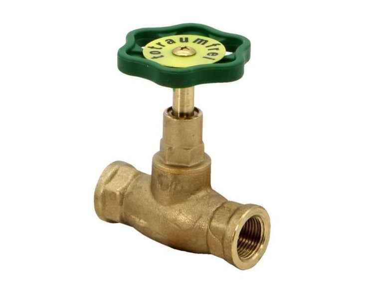 Messing-Absperrventil mit grünem Handrad und Innengewinde, totraumfrei.