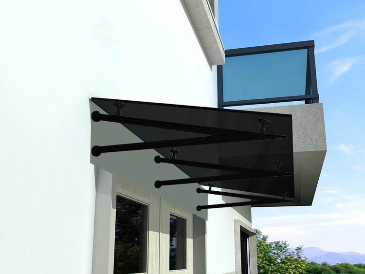 BuyLando (3V) 250x90 cm Grauglas Glasvordach inkl. Edelstahlhalter in Schwarz