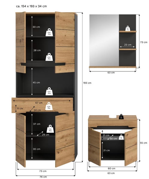 Badezimmermöbel-Set in Holzoptik mit Maßangaben für Hochschrank, Spiegel und Waschbeckenunterschrank sowie Details zu Traglasten und Fachhöhen.