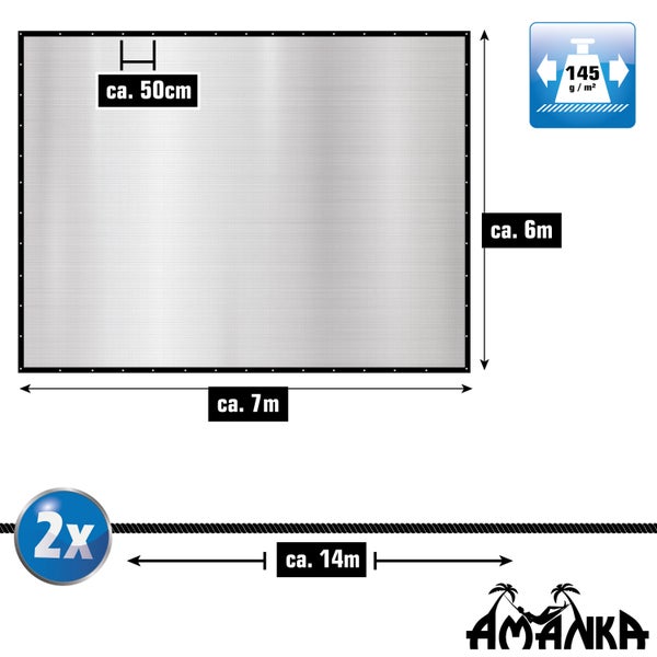 Sichtschutz circa 7 mal 6 Meter, Ösenabstand circa 50 Zentimeter, 145 Gramm pro Quadratmeter, zwei Seile à circa 14 Meter, Amanka Logo.