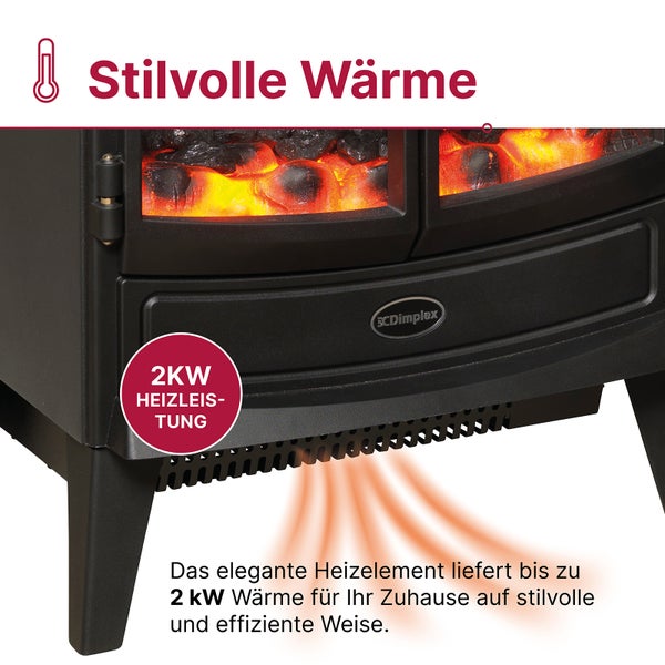 Dimplex Logo auf elektrischem Kaminofen mit 2 Kilowatt Heizleistung, glühenden Kohlen und Wärmeabstrahlung nach unten.