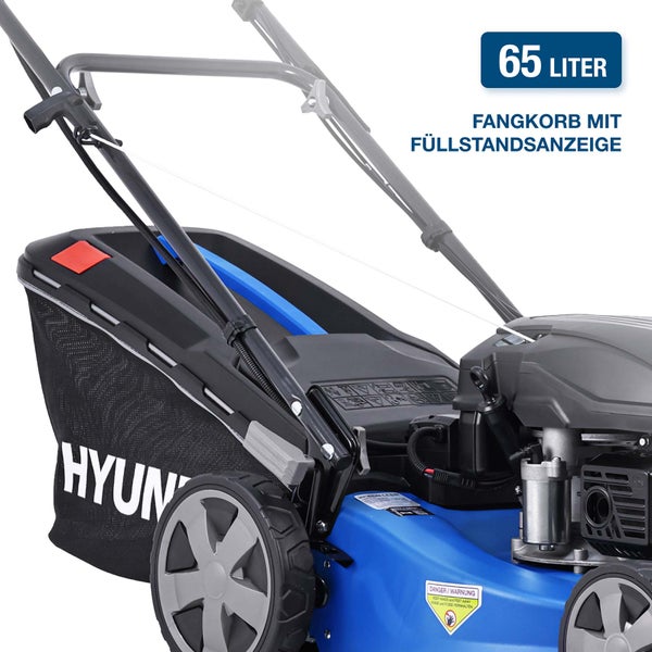 Hyundai Rasenmäher mit 65 Liter Fangkorb und Füllstandsanzeige.