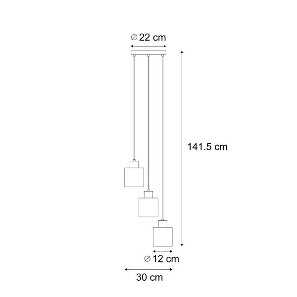 Technische Zeichnung einer Hängelampe mit drei Leuchten und Maßangaben
