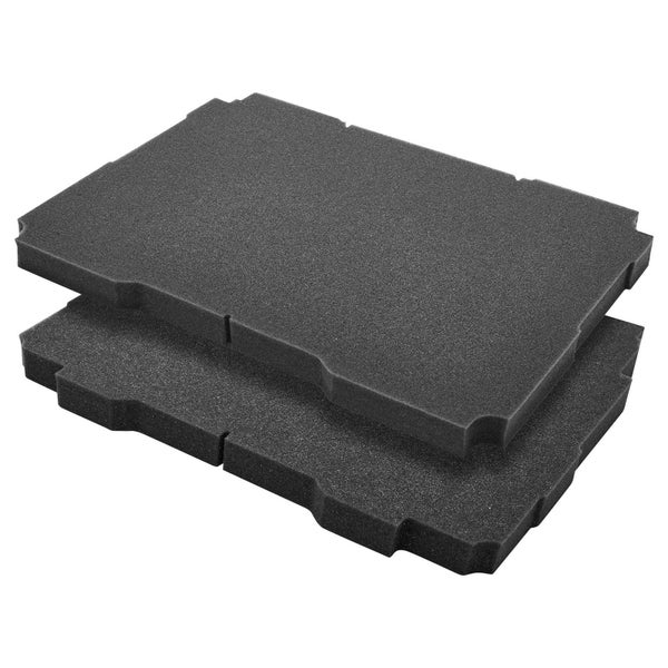 Zwei schwarze Schaumstoffeinlagen für Werkzeugkoffer mit passgenauen Aussparungen.