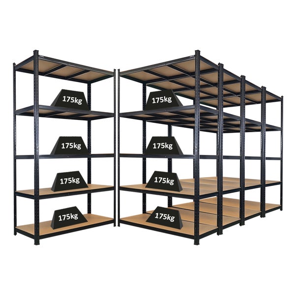 Zwei Metallregale mit jeweils fünf Regalböden und einer Traglast von 175 Kilogramm