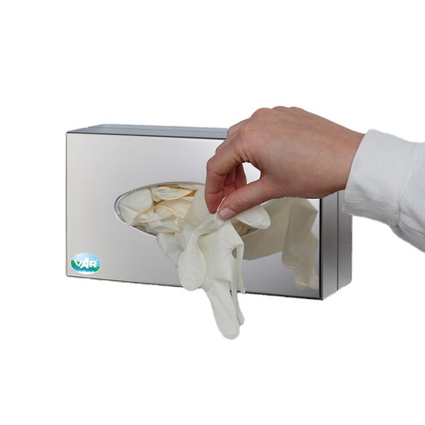 Wand-Handschuhspender aus Edelstahl mit VAR Logo, eine Hand entnimmt einen Einweghandschuh.
