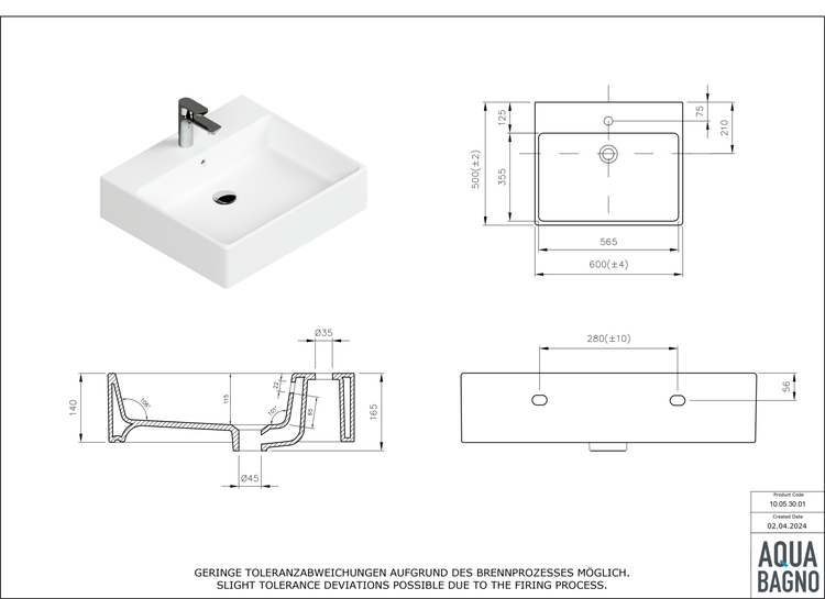 Aqua Bagno Solo Waschtisch 60x50 cm Weiß Hochglanz – Keramik Waschbecken mit Hahnloch & Überlauf, Wandmontage | Modernes Bad