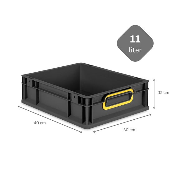 PROREGAL SuperSparSet 16x Eurobox NextGen Color mit Scharnierdeckel und Schiebeschnappverschlüssen, HxBxT 12x30x40cm, 11 Liter, Schwarz, Griffe gelb geschlossen, Eurobehälter, Transportbox, Transportbehälter, Stapelbehälter