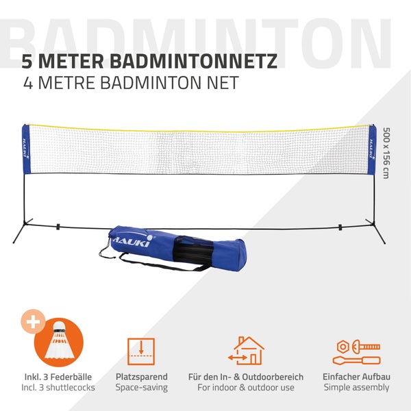 Hauki Badminton Netz, Tennisnetz 500cm, Blau, H156cm, Federballnetz Set inkl. 3x Federball, Transporttasche, stabilem Eisen-Gestell, Tragbares Volleyballnetz, Trainingsnetz Indoor & Outdoor, Garten