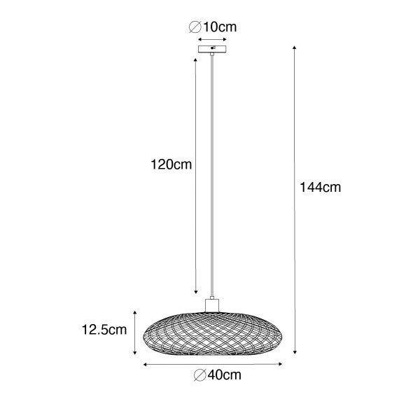 Technische Zeichnung einer Pendelleuchte mit den Maßen Durchmesser 40 cm, Höhe 12,5 cm, Abhängung 120 cm, Gesamthöhe 144 cm, Baldachin Durchmesser 10 cm.